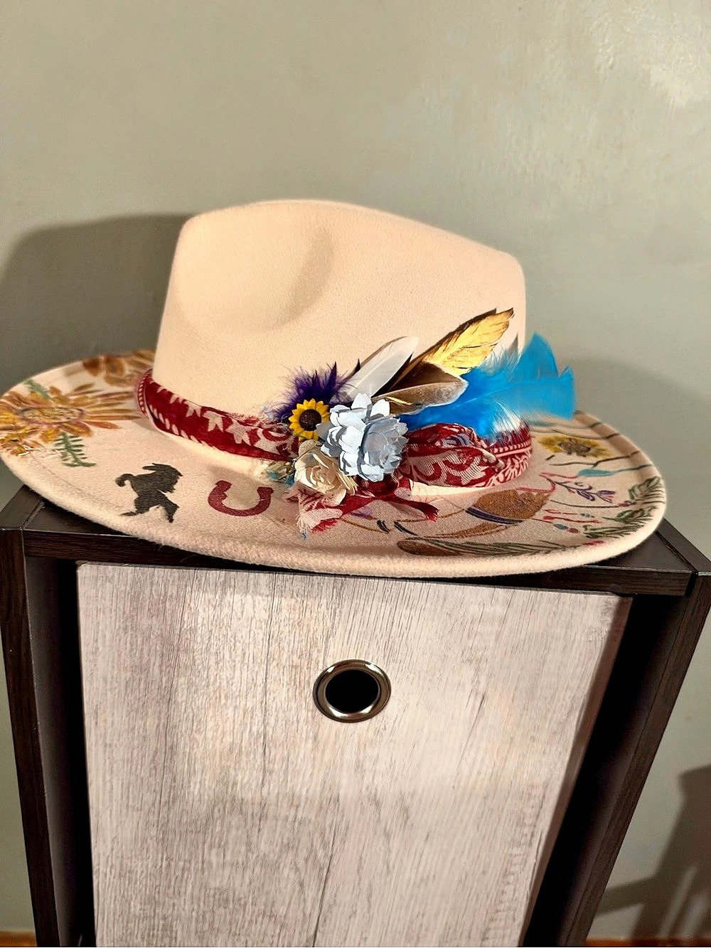 Custom White Western Cowboy Hat Hand Painted Floral Horse Feather Boho